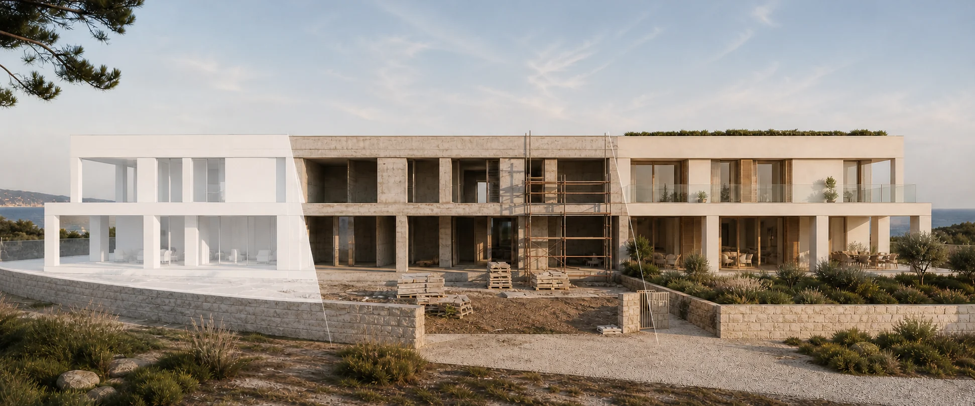 One continuous conceptual Portuguese house whose two diagonal transitions show the property as an opportunity, under construction and completed in service